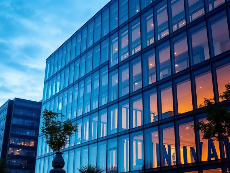 Modern commercial real estate building at dusk